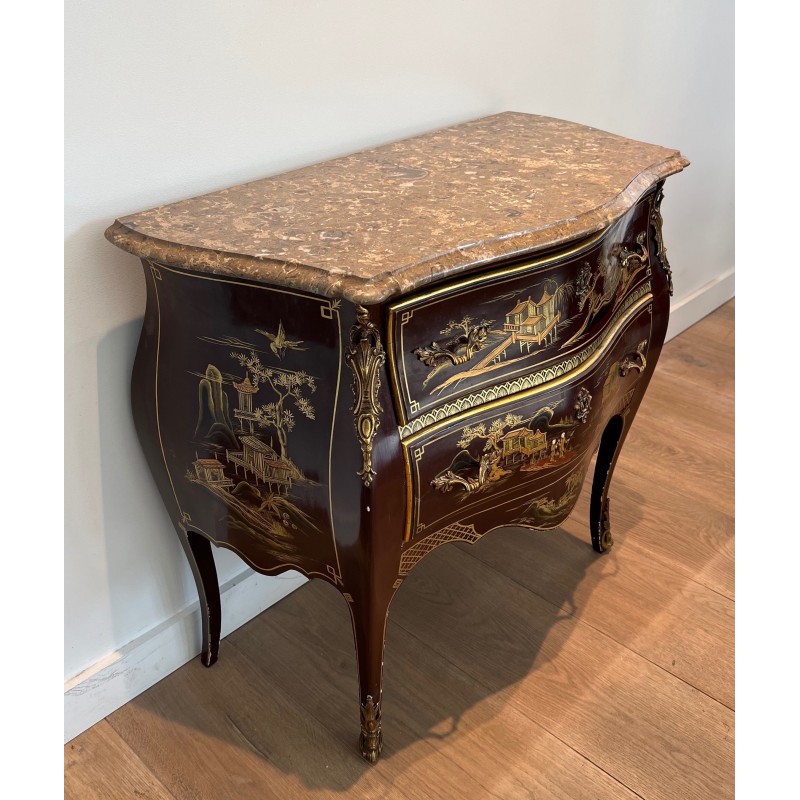 Small Lacquered Commode with Chinoiserie Decoration and Bronze Mounts, in the Manner of Maison Jansen, Circa 1940