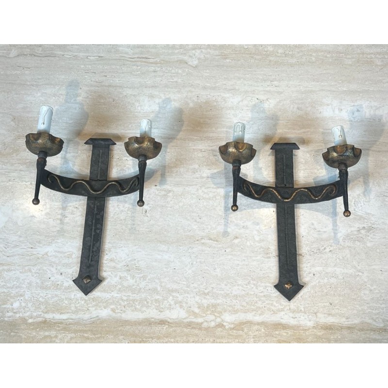 Pair of Wrought Iron Wall Lights with Coat of Arms and 2 Light Arms in the Gothic Style