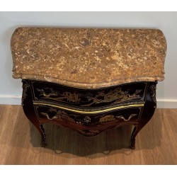 Small Lacquered Commode with Chinoiserie Decoration and Bronze Mounts, in the Manner of Maison Jansen, Circa 1940