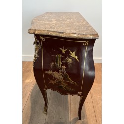 Small Lacquered Commode with Chinoiserie Decoration and Bronze Mounts, in the Manner of Maison Jansen, Circa 1940