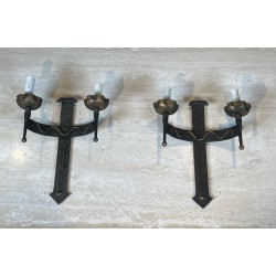 Pair of Wrought Iron Wall Lights with Coat of Arms and 2 Light Arms in the Gothic Style