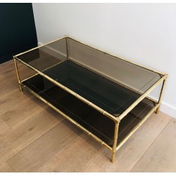 Table Basse en Laiton Façon Faux-Bambou, Attribuée à Jacques Adnet, Vers 1970