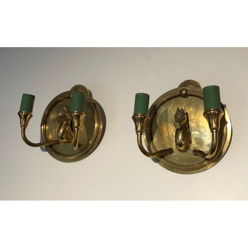 Paire d'Appliques en Bronze à Têtes de Cheval