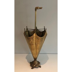 Porte-Parapluies en Laiton Repoussé à Manche en Tête de Chien en Bronze, Travail Français, Vers 1940