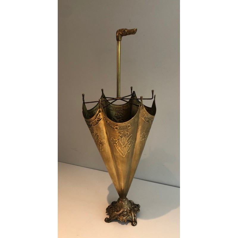 Embossed Brass Umbrella Stand with Bronze Dog's Head Handle, French Work, Circa 1940