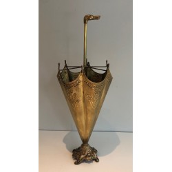 Embossed Brass Umbrella Stand with Bronze Dog's Head Handle, French Work, Circa 1940