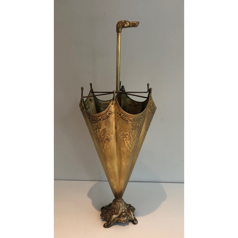 Embossed Brass Umbrella Stand with Bronze Dog's Head Handle, French Work, Circa 1940
