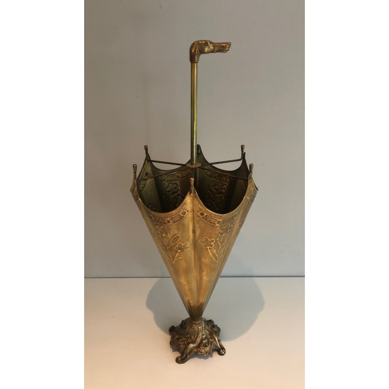 Embossed Brass Umbrella Stand with Bronze Dog's Head Handle, French Work, Circa 1940