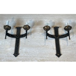 Pair of Wrought Iron Wall Lights with Coat of Arms and 2 Light Arms in the Gothic Style