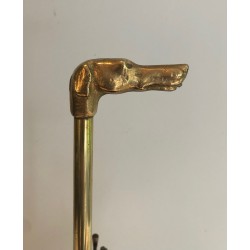 Embossed Brass Umbrella Stand with Bronze Dog's Head Handle, French Work, Circa 1940