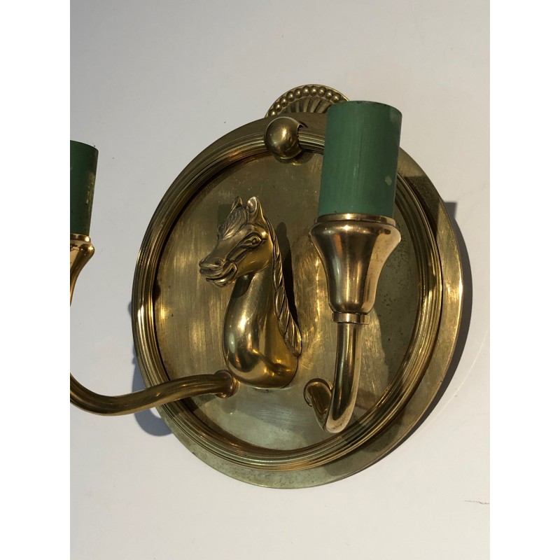 Pair of Bronze Horse-Head Wall Sconces, in the Manner of Maison Charles, Circa 1940
