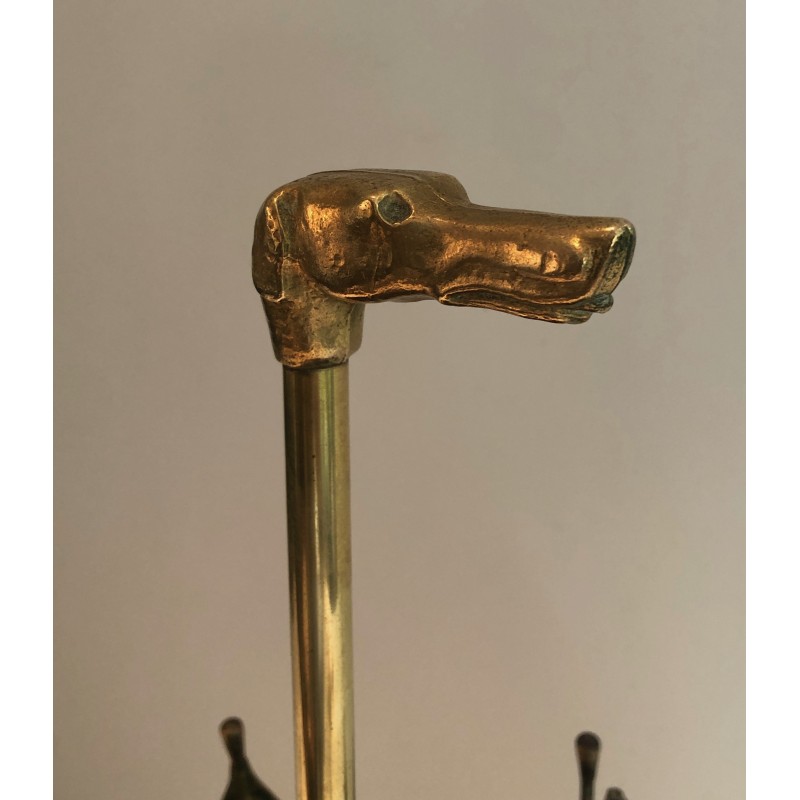 Porte-Parapluies en Laiton Repoussé à Manche en Tête de Chien en Bronze, Travail Français, Vers 1940