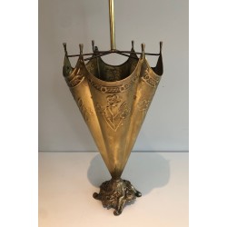 Embossed Brass Umbrella Stand with Bronze Dog's Head Handle, French Work, Circa 1940