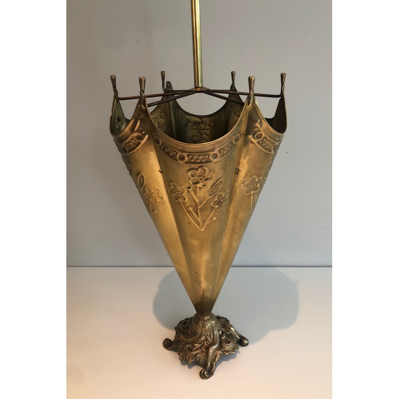 Embossed Brass Umbrella Stand with Bronze Dog's Head Handle, French Work, Circa 1940