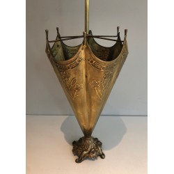 Embossed Brass Umbrella Stand with Bronze Dog's Head Handle, French Work, Circa 1940