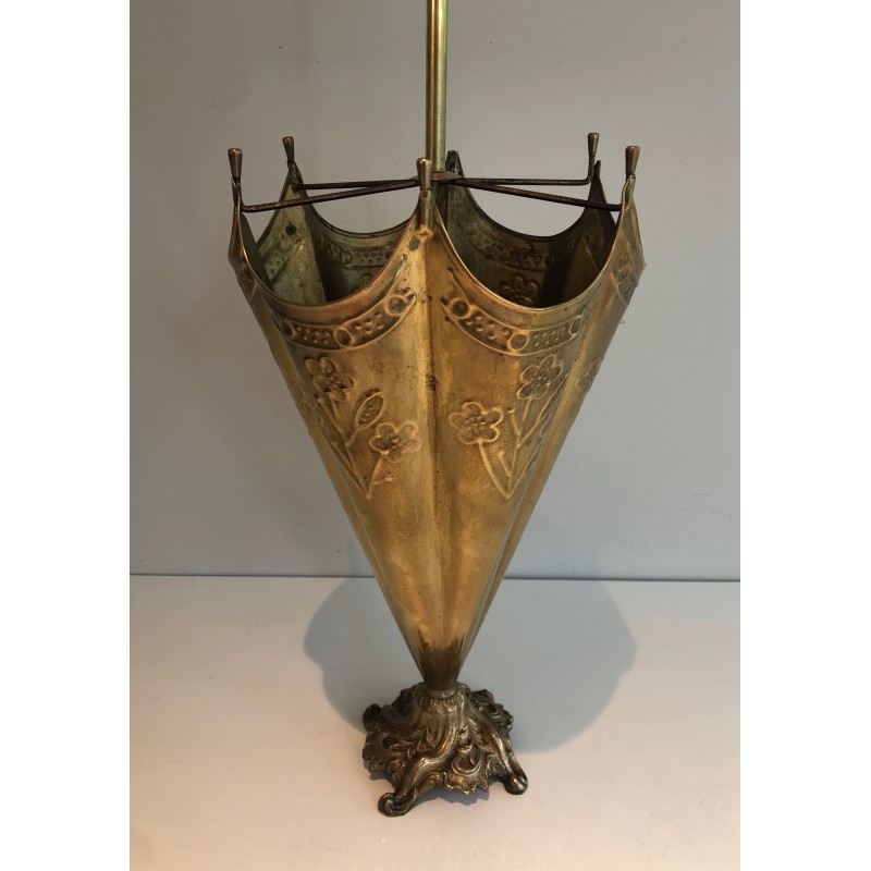 Embossed Brass Umbrella Stand with Bronze Dog's Head Handle, French Work, Circa 1940