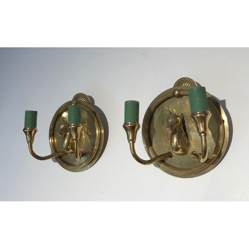 Paire d'Appliques en Bronze à Têtes de Cheval