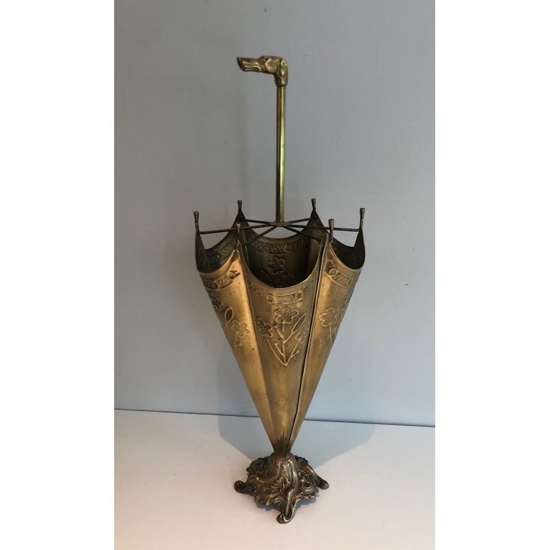 Embossed Brass Umbrella Stand with Bronze Dog's Head Handle, French Work, Circa 1940