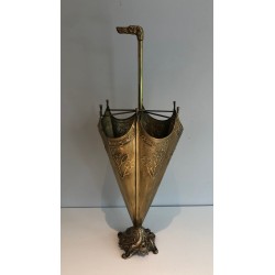 Embossed Brass Umbrella Stand with Bronze Dog's Head Handle, French Work, Circa 1940
