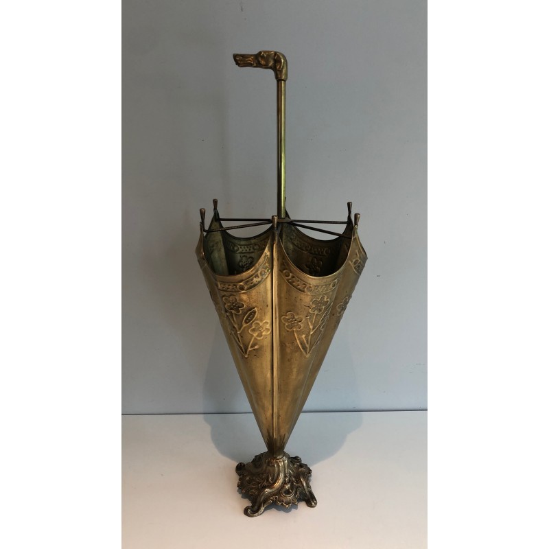 Porte-Parapluies en Laiton Repoussé à Manche en Tête de Chien en Bronze, Travail Français, Vers 1940