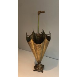 Porte-Parapluies en Laiton Repoussé à Manche en Tête de Chien en Bronze, Travail Français, Vers 1940