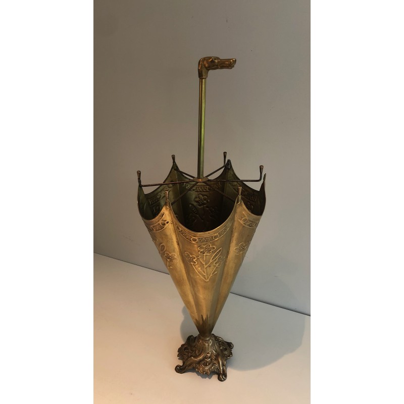 Porte-Parapluies en Laiton Repoussé à Manche en Tête de Chien en Bronze, Travail Français, Vers 1940