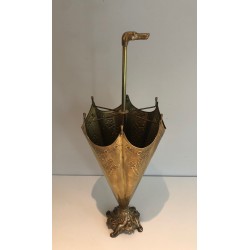 Embossed Brass Umbrella Stand with Bronze Dog's Head Handle, French Work, Circa 1940