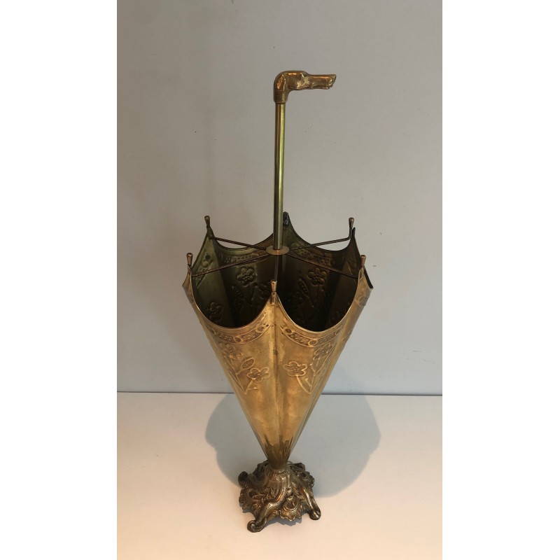 Porte-Parapluies en Laiton Repoussé à Manche en Tête de Chien en Bronze, Travail Français, Vers 1940