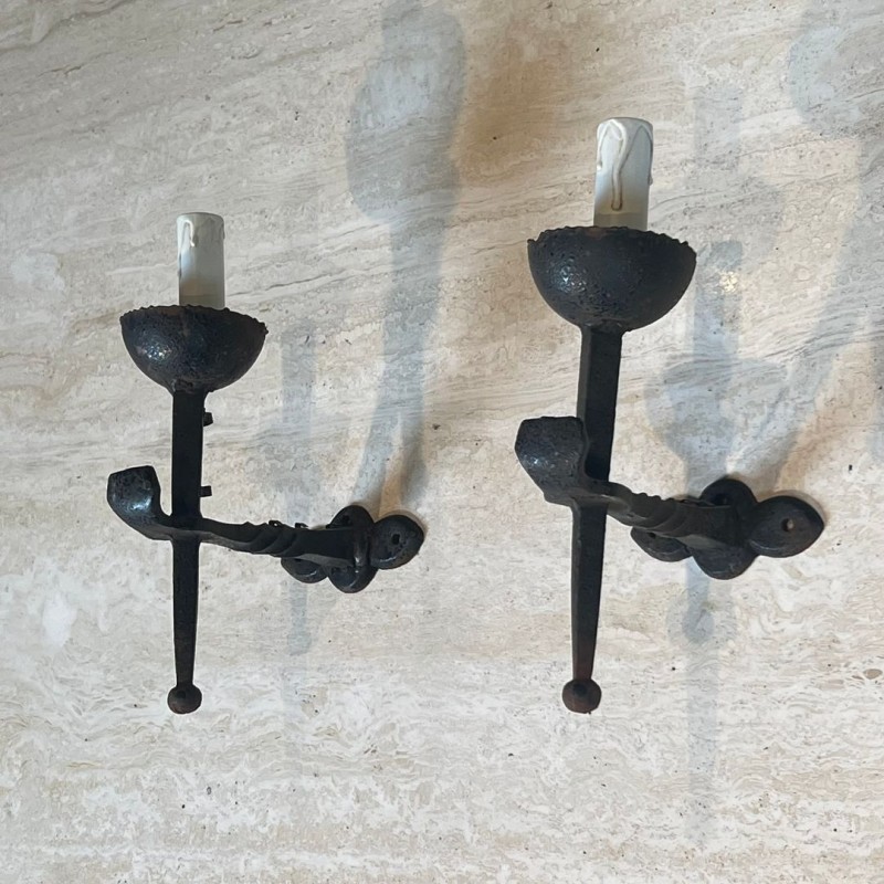 Pair of Gothic Style Wrought Iron Wall Lights