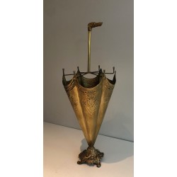 Porte-Parapluies en Laiton Repoussé à Manche en Tête de Chien en Bronze, Travail Français, Vers 1940