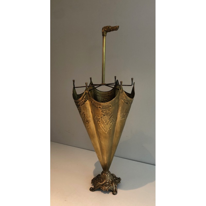 Embossed Brass Umbrella Stand with Bronze Dog's Head Handle, French Work, Circa 1940