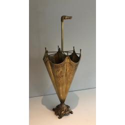 Embossed Brass Umbrella Stand with Bronze Dog's Head Handle, French Work, Circa 1940