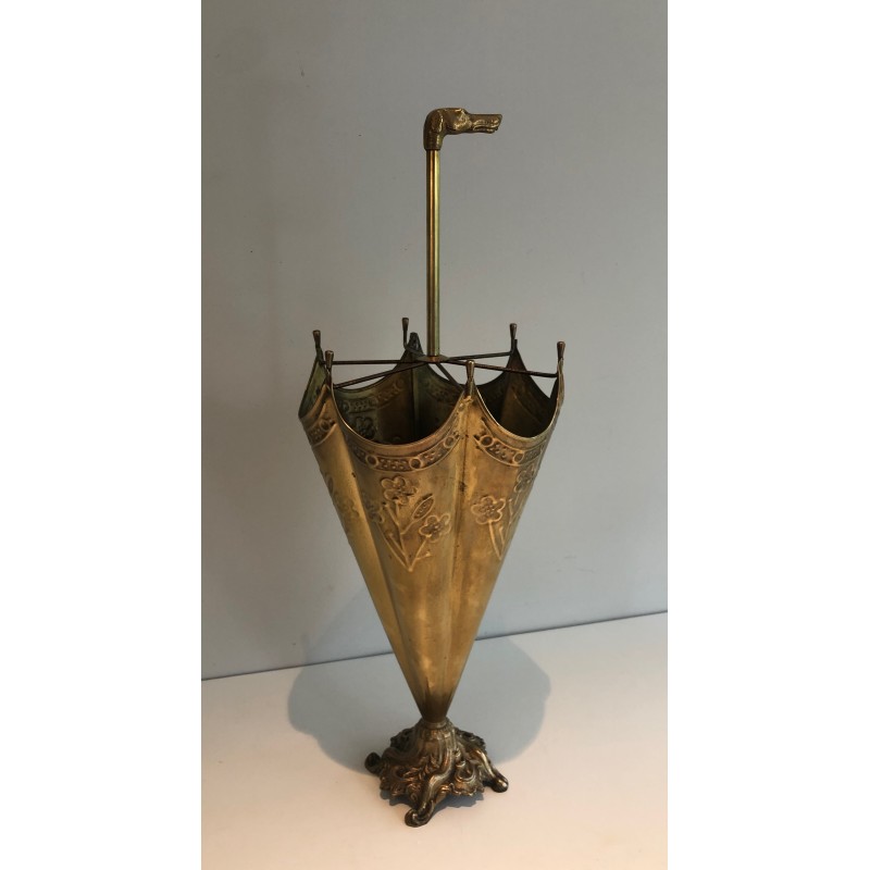 Porte-Parapluies en Laiton Repoussé à Manche en Tête de Chien en Bronze, Travail Français, Vers 1940