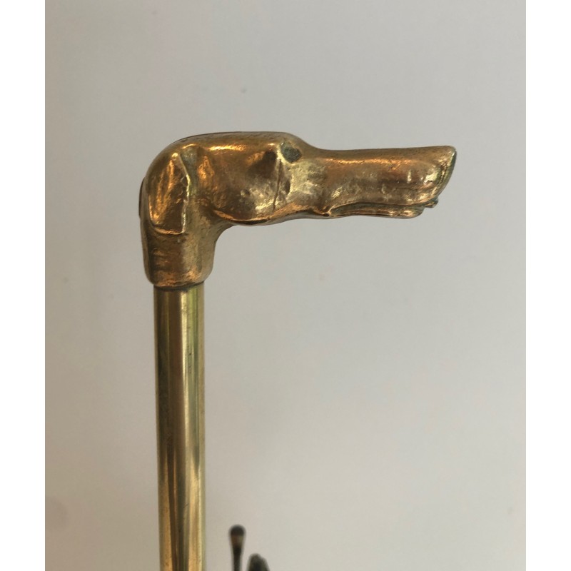 Porte-Parapluies en Laiton Repoussé à Manche en Tête de Chien en Bronze, Travail Français, Vers 1940
