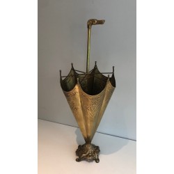 Porte-Parapluies en Laiton Repoussé à Manche en Tête de Chien en Bronze, Travail Français, Vers 1940