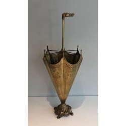 Embossed Brass Umbrella Stand with Bronze Dog's Head Handle, French Work, Circa 1940
