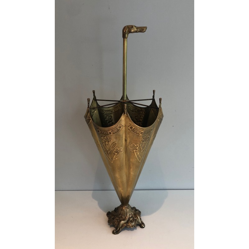 Embossed Brass Umbrella Stand with Bronze Dog's Head Handle, French Work, Circa 1940