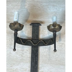 Pair of Wrought Iron Wall Lights with Coat of Arms and 2 Light Arms in the Gothic Style