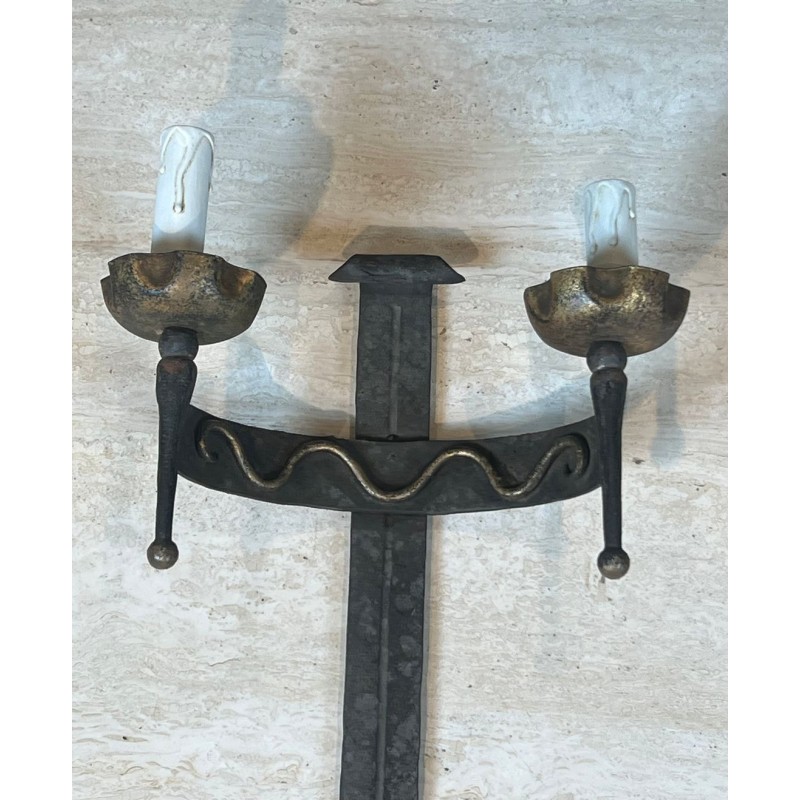 Pair of Wrought Iron Wall Lights with Coat of Arms and 2 Light Arms in the Gothic Style