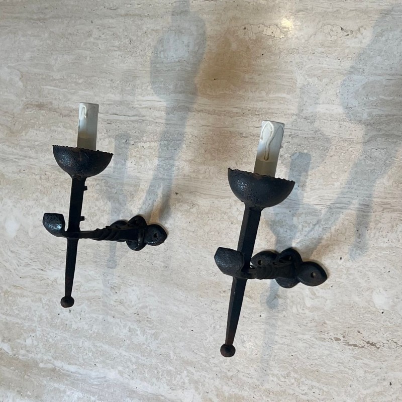 Pair of Gothic Style Wrought Iron Wall Lights