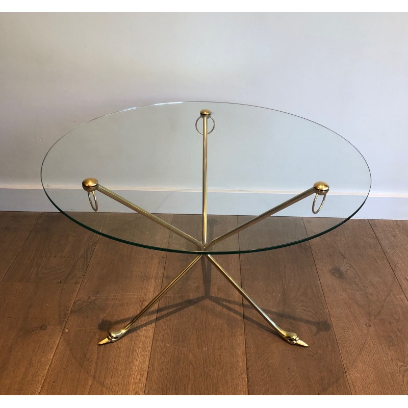 Table Basse en Laiton à Piètement Tripode aux Cols de Cygnes et Plateau de Verre Rond, Maison Jansen