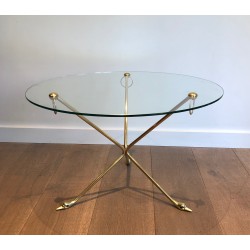 Table Basse en Laiton à Piètement Tripode aux Cols de Cygnes et Plateau de Verre Rond, Maison Jansen