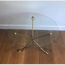 Table Basse en Laiton à Piètement Tripode aux Cols de Cygnes et Plateau de Verre Rond, Maison Jansen