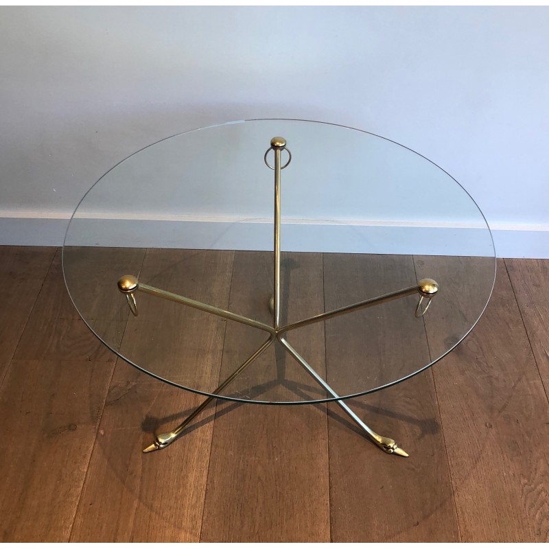 Table Basse en Laiton à Piètement Tripode aux Cols de Cygnes et Plateau de Verre Rond, Maison Jansen