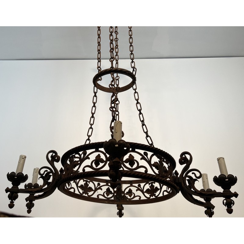 Large Six-Arm Wrought Iron Castle Chandelier in the Gothic Style, French Work, Circa 1900
