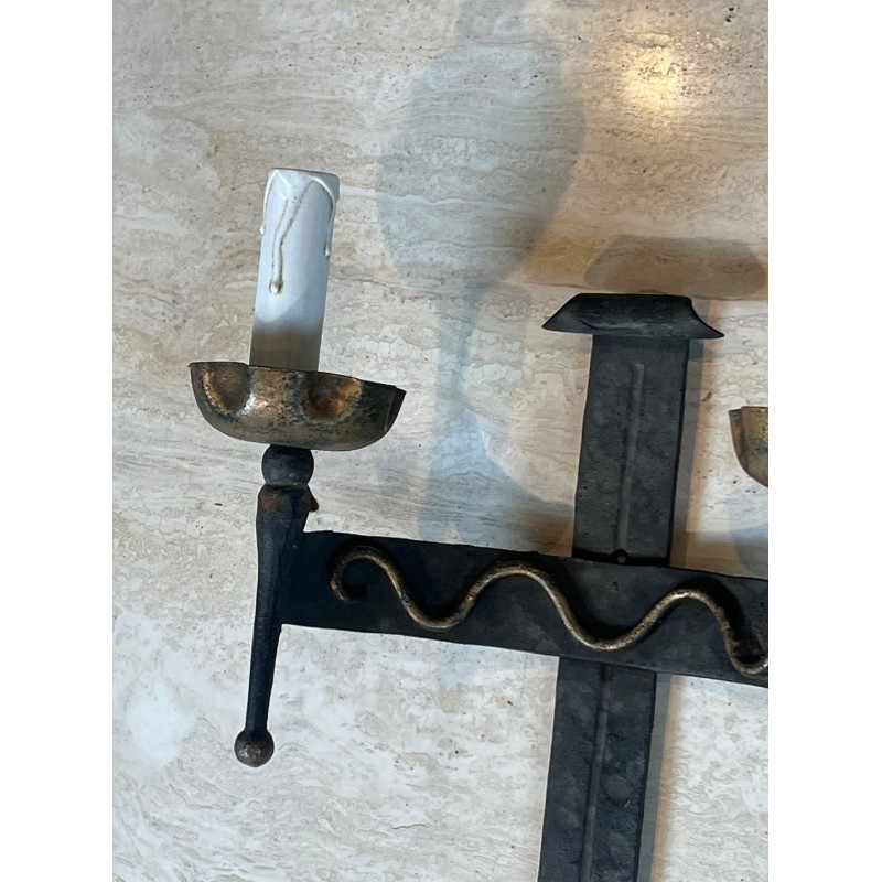 Paire d'Appliques en Fer Forgé au Blason à 2 Bras de Lumière