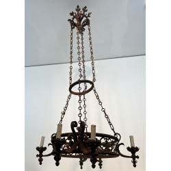 Important Lustre de Château en Fer Forgé à Six Bras de Lumières de Style Gothique, Travail Français, Vers 1900