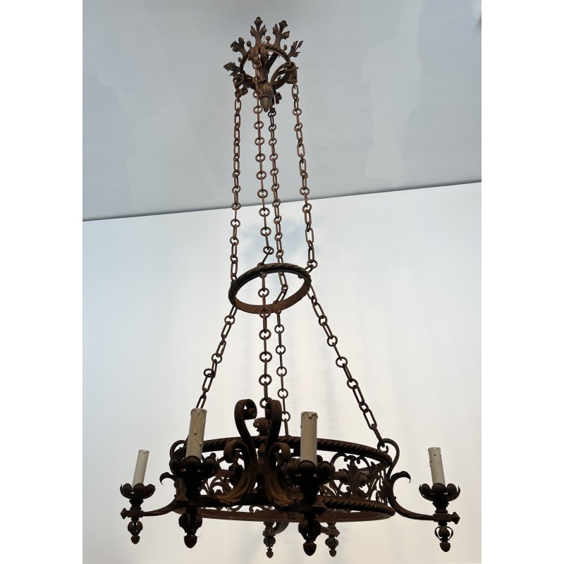 Important Lustre de Château en Fer Forgé à Six Bras de Lumières de Style Gothique, Travail Français, Vers 1900