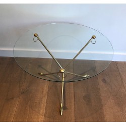 Table Basse en Laiton à Piètement Tripode aux Cols de Cygnes et Plateau de Verre Rond, Maison Jansen