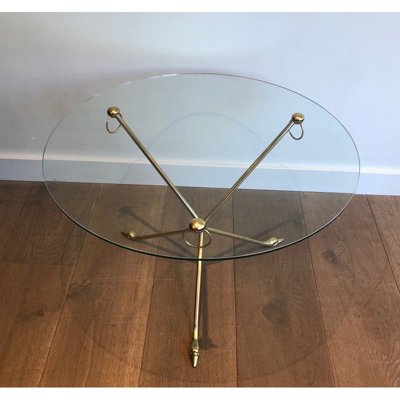 Brass Swan-Neck Tripod Coffee Table with Round Glass Top, Maison Jansen